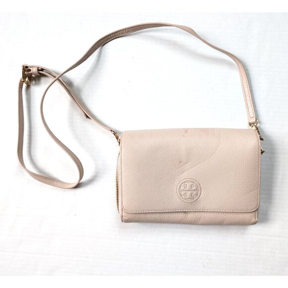 Tory Burch Bombe Flat Wallet Crossbody Pink READ Small Leather - Picture 1 of 13